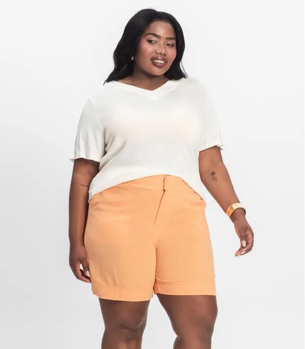 Shorts Feminino Plus Size em Linho Secret Glam Laranja Plus G1