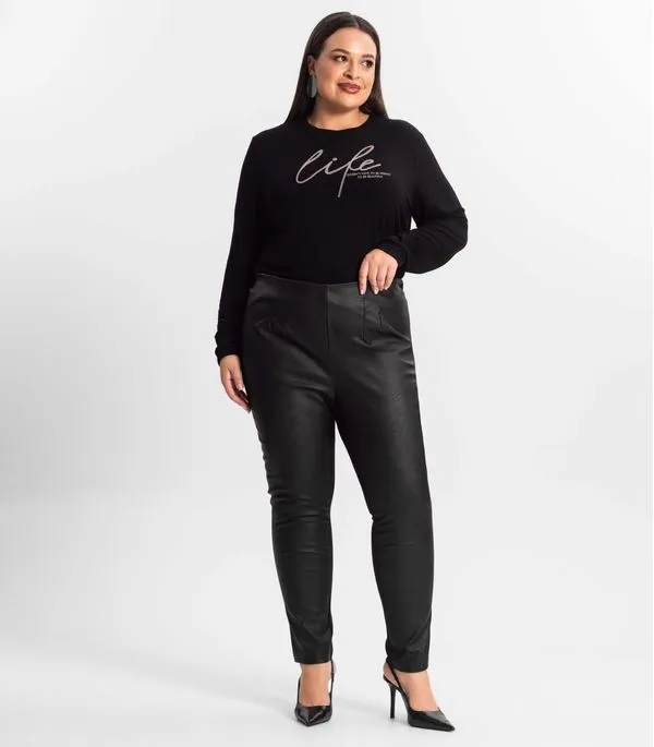 Legging Feminina Plus Size Em Courino Secret Glam Preto Plus G1