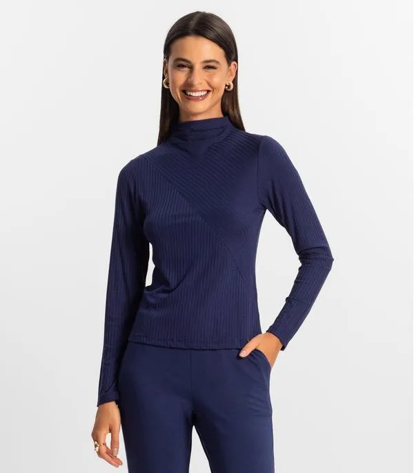 Blusa Feminina Manga Longa Ribana Canelada Rovitex Azul P