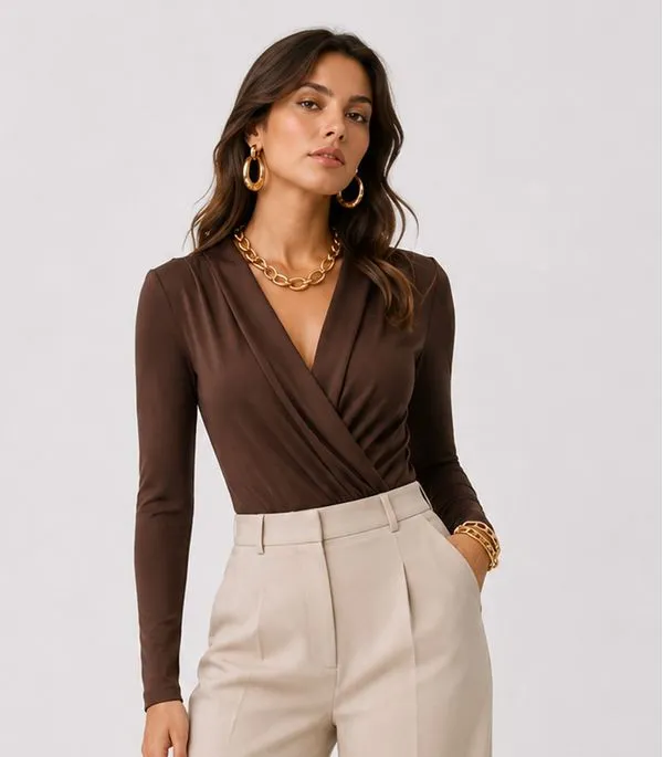 Body Feminino Manga Longa Transpassado Atendencia Marrom P