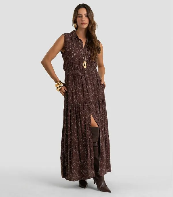 Vestido Longo Feminino Em Viscose Dianna Marrom GG
