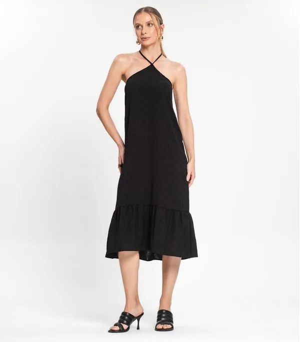 Vestido Midi de Alça e Babados em Air Flow Rovitex Preto M