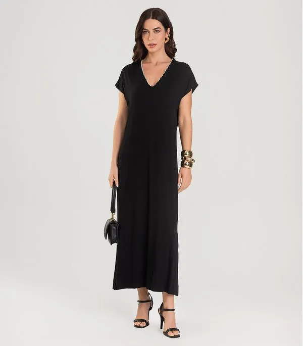 Vestido Feminino Decote V Super Midi Dianna Preto P
