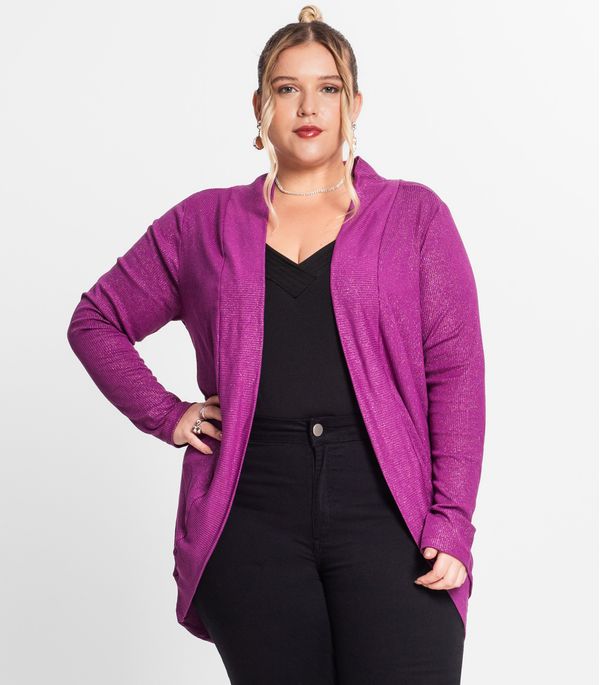 Cardigan Plus Size Em Ribana Canelada Secret Glam Roxo Plus G3