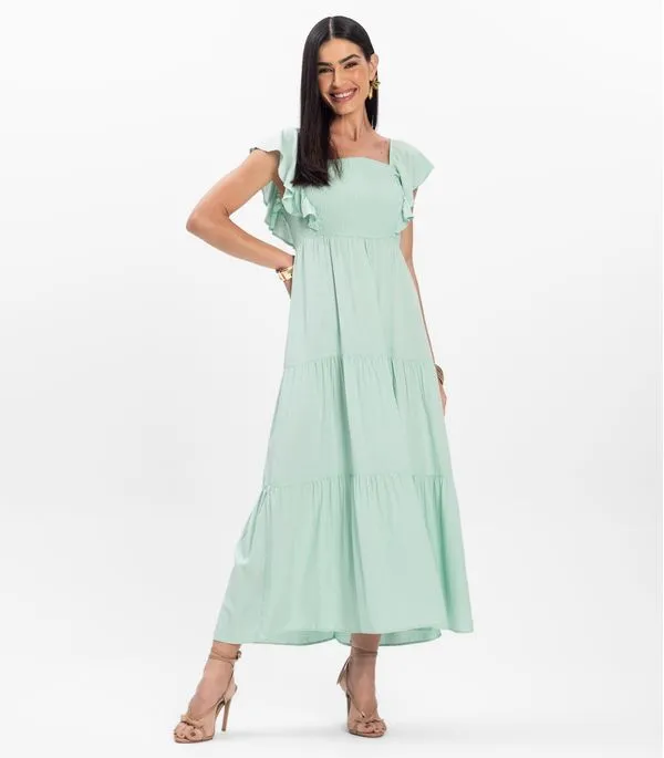Vestido Midi Feminino Em Viscose Com Lastex Aishty Verde PP