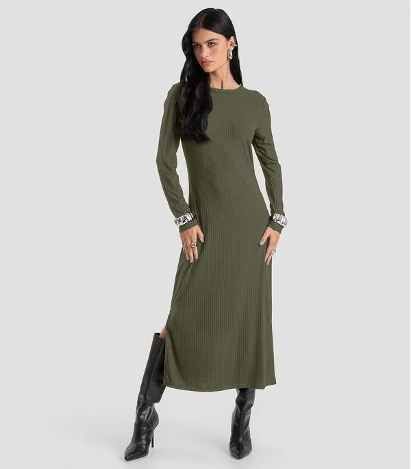 Vestido Feminino Super Midi Canelado Dianna Verde P