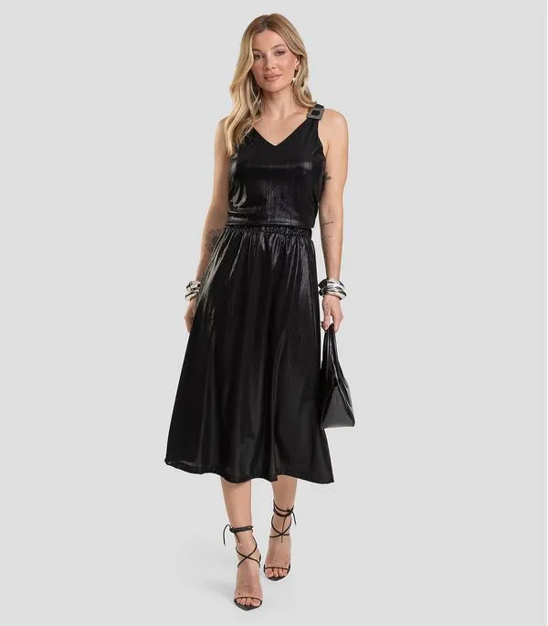 Saia Feminina Midi Plissada Dianna Preto GG