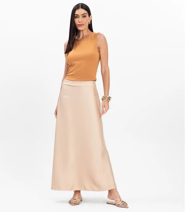 Saia Midi Feminina Fluida Toque Acetinado Select Bege M