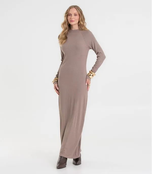 Vestido Midi Feminino Manga Longa Ribana Rovitex Marrom G