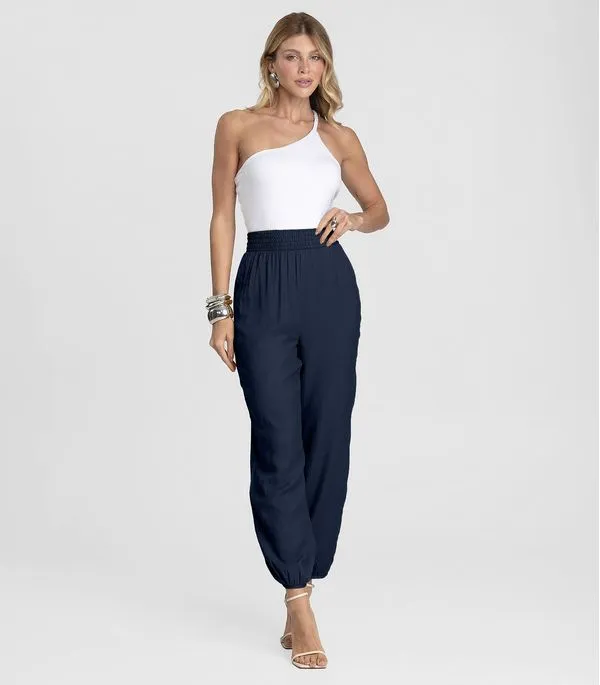 Calça Feminina Aladim em Tecido Viscose Dianna Azul M
