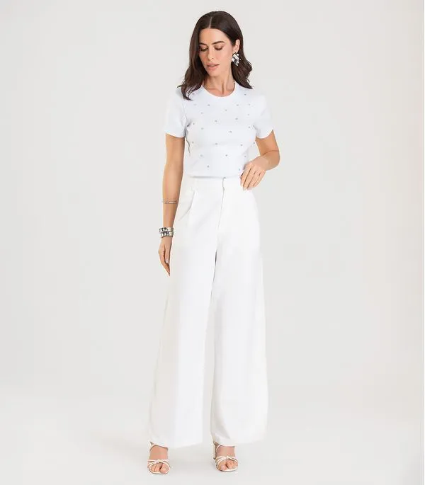 Blusa Feminina Manga Curta Com Rebites Dianna Branco P