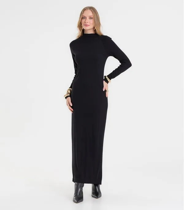 Vestido Midi Feminino Manga Longa Ribana Rovitex Preto P