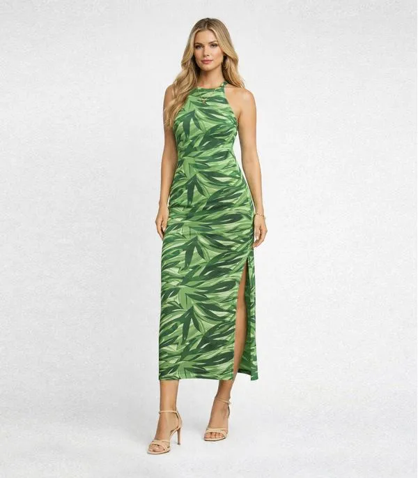 Vestido Longo Estampado Sem Manga Infinita Cor Verde GG