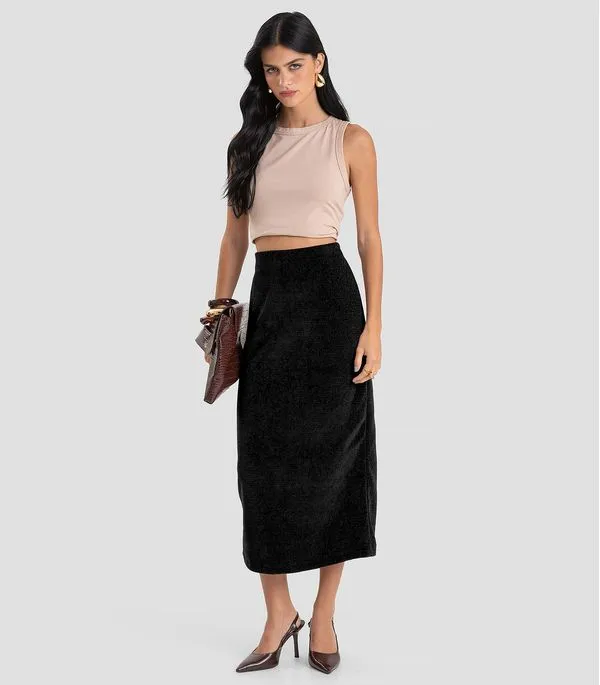 Saia Midi Feminina em Tricot Glow Shine Dianna Preto G