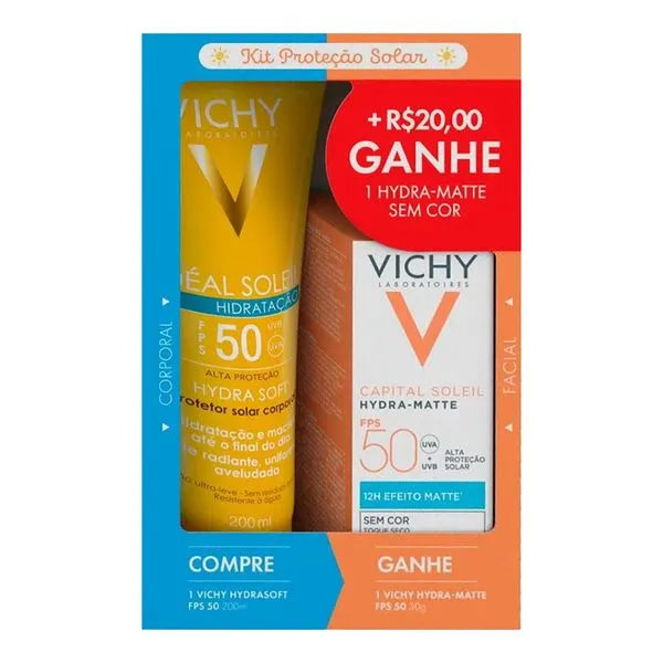 Kit Vichy Protetor Solar Corporal FPS 50 Idéal Soleil Hydrasoft 200ml + Facial FPS 50 Capital Soleil Hydra-Matte 30g
