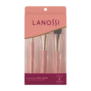 Kit Pincéis Maquiagem Lanossi Rose Gold com 3 Unidades