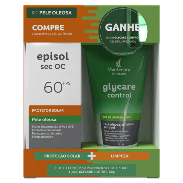 Kit Protetor Solar Mantecorp Skincare Episol Sec Oc FPS 60 60ml+ Gel de limpeza Glycare Control 60g