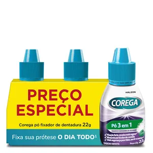 Kit Fixador de Dentadura Corega Pó 3 em 1 Sabor Menta Forte Fixação 22g 3 Unidades