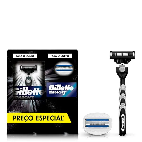 Kit Aparelho Recarregável para Barbear e Carga Carbono + Carga Gillette Mach3