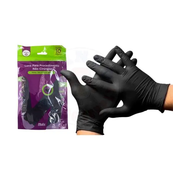 Luvas Nitrílica Sem Pó 10un Pretas Tamanho G Medix Polybag LUVAS NITRILICA MEDIX POLYBAG S/PO 10UN