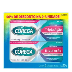 Kit Fixador de Dentadura Ultra Corega Tripla Ação Creme Sem Sabor 2 Unidades de 20g