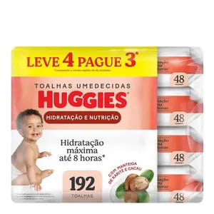 Kit Lenço Umedecido Huggies Hidratação e Nutrição Contra Assaduras 4 Pacotes com 48 Unidades