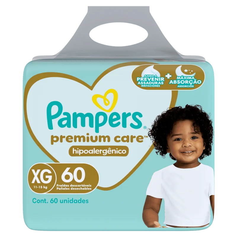 Pampers Fralda 12h proteção hipoalergênica respirável Premium Care XG 11-15kg 60un