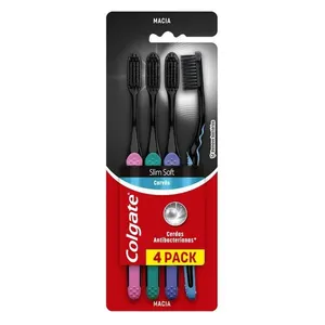 Escova Dental Colgate Slim Soft Black Infusão de Carvão Cerdas Macia Cores Sortidas 4 Unidades