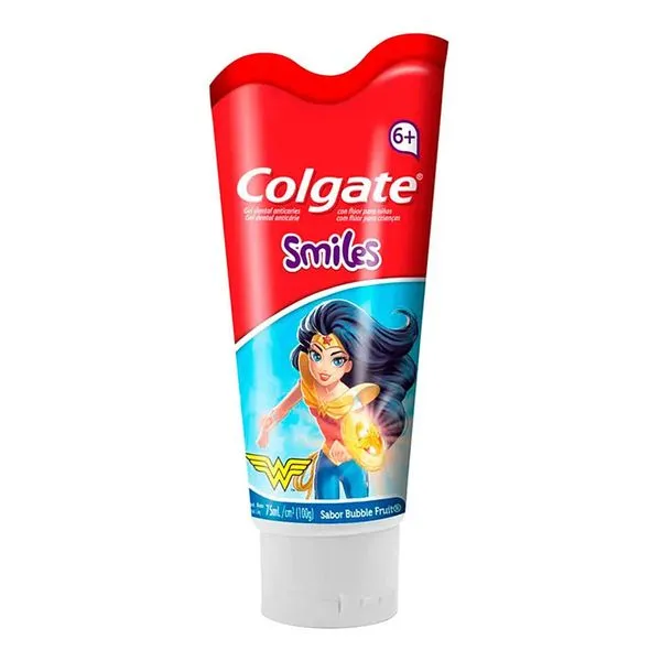 Pasta de Dente Gel Infantil Colgate Smiles Batman ou Mulher Maravilha 100g