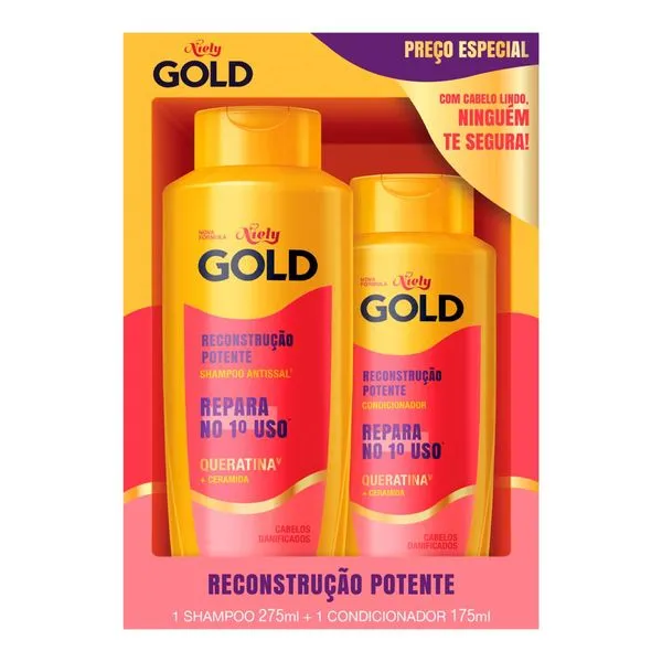 Kit Shampoo Antissal 275ml + Condicionador 175ml Niely Gold Reconstrução Potente