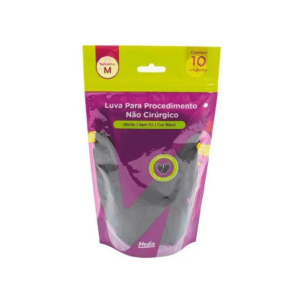 Luvas Nitrílica Medix Polybag Sem Pó 10 Unidades Preta M LUVAS NITRILICA MEDIX POLYBAG S/PO 10UN