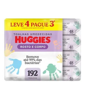 Kit Lenços Umedecidos Huggies Rosto e Corpo Limpeza 4 Pacotes com 48 Unidades