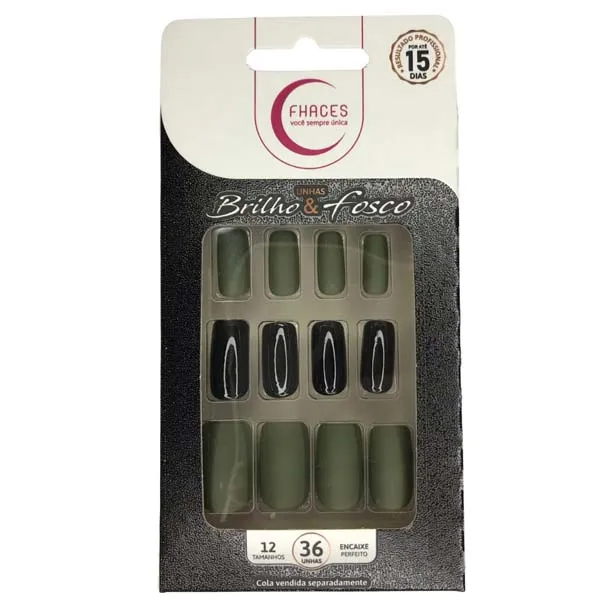 Unhas Postiças Fhaces Brilho e Fosco Verde Militar e Preto UNHAS POST FHACES BR