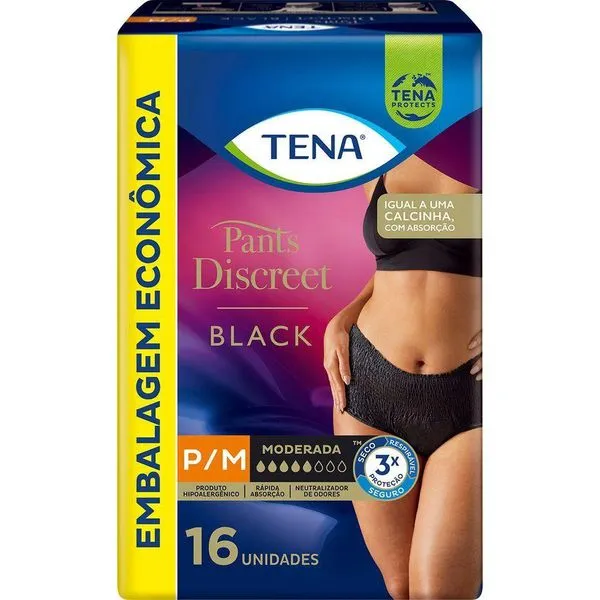 Roupa Íntima Descartável Tena Pants Discreet Incontinência Urinária Moderada Preta P/M 16 Unidades