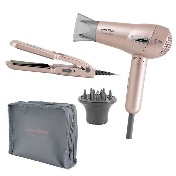 Kit Secador e Prancha Britânia Travel Rose Gold Tecnologia Iônica 2 Temperaturas Bivolt Kit Britânia Travel Rose Gold Secador e Prancha Bivolt
