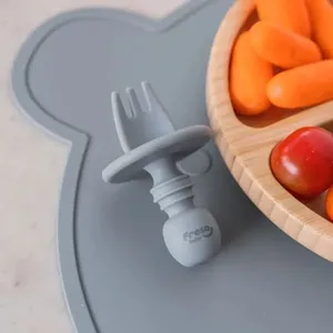 Freso Baby Kit Colher E Garfo De Treinamento Com Limitador Alimentação Bebê Silicone Blw Cinza