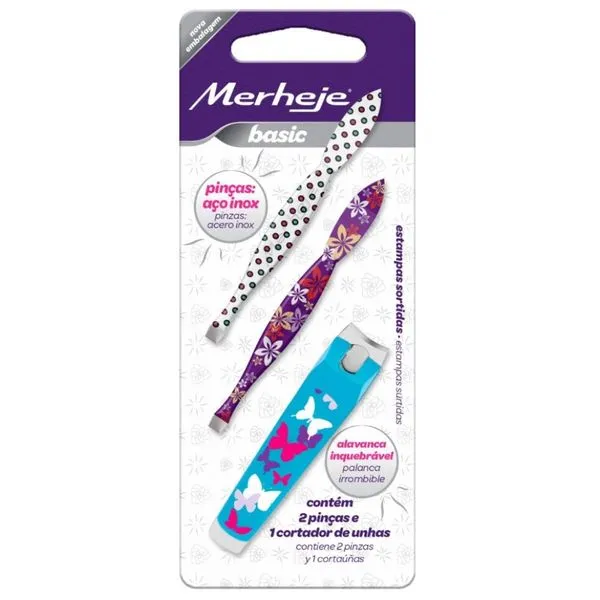 Kit 2 Pinças para Sobrancelhas e Cortador de Unhas Sortidos MERHEJE Basic 3 peças
