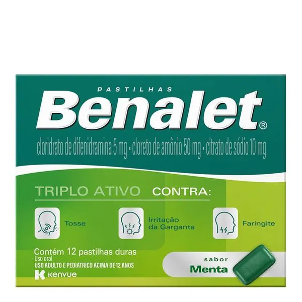 Antialérgico, Expectorante e Descongestionante Benalet 5mg + 50mg + 10mg 12 Pastilhas Menta