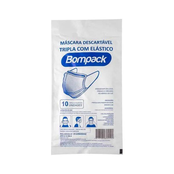 Mascara Descartavel Tripla Com Elastico Bompack 10 Unidades