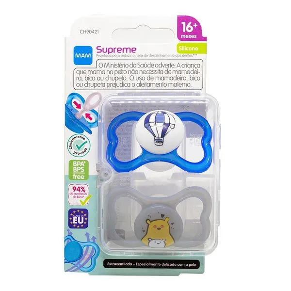 Kit Chupeta Mam Supreme 16+ Azul e Cinza 2 Unidades