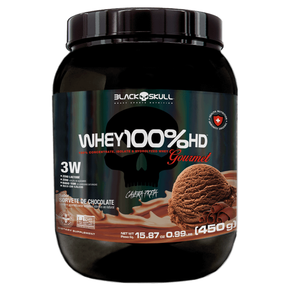 Suplemento Proteico Pó Sorvete de Chocolate Zero Lactose Caveira Preta Black Skull Whey 100% HD Gourmet Pote 450g