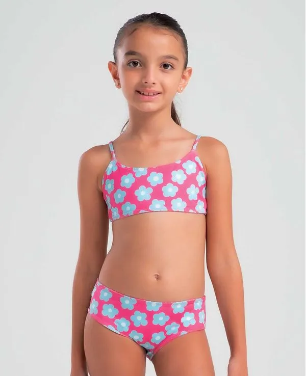 CONJUNTO BIQUÍNI INFANTIL COM PROTEÇÃO UV DUPLA FACE MARGARIDA XADREZ ROSA PINK 2