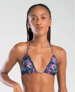 BIQUÍNI TOP CORTININHA COM BOJO REMOVÍVEL ESTAMPA TROPICAL JOY AZUL ESCURO P