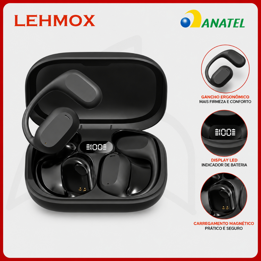Fone Bluetooth Esportivo TWS Com Gancho Microfone Case Tipo C