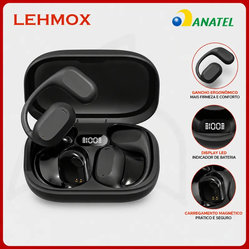 Fone Bluetooth Esportivo TWS Com Gancho Microfone Case Tipo C