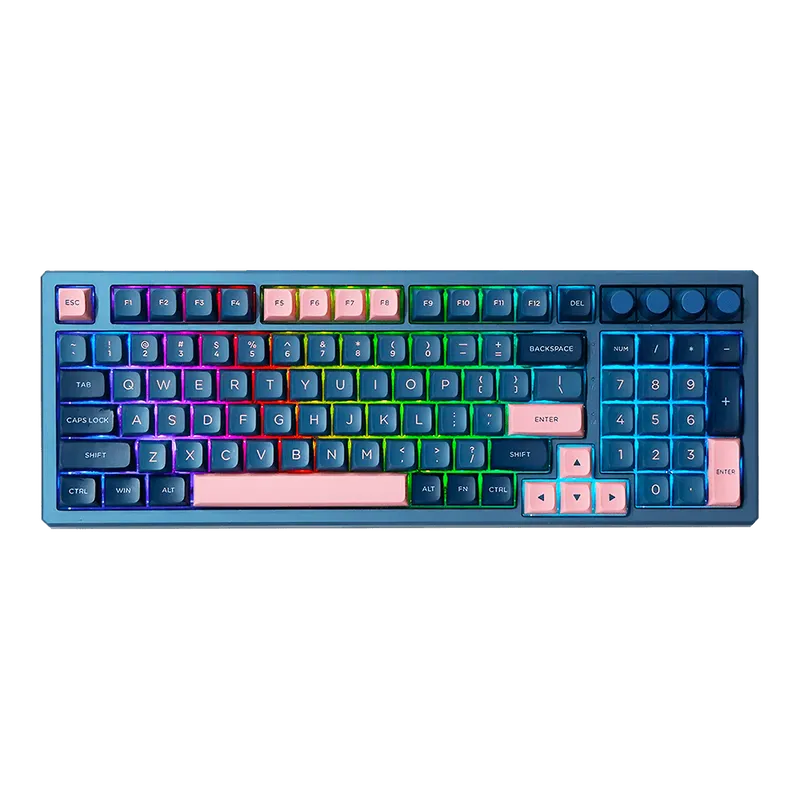 Teclado Gamer Mecânico Skyloong GK980 Blue Pink Aluminun, Switch KTT Brown, 3 Modos, RGB, Hot Swap, 4000mAh