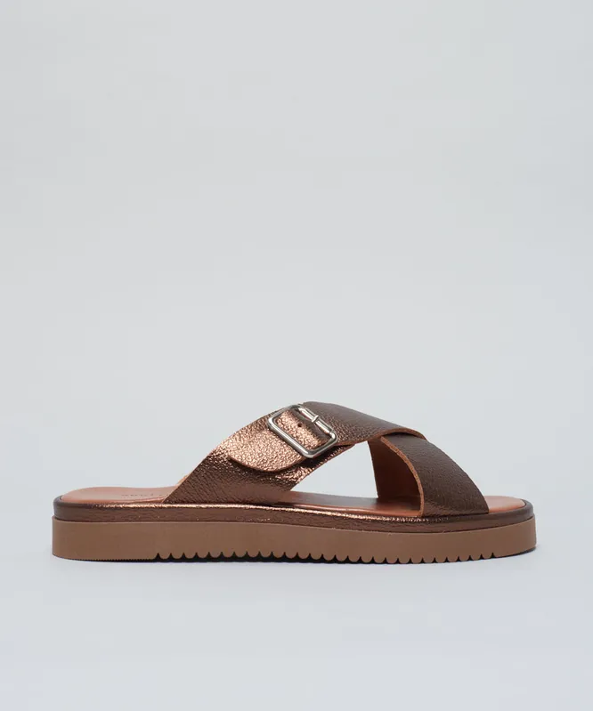 Flat Couro Tiras Cruzadas - Bronze