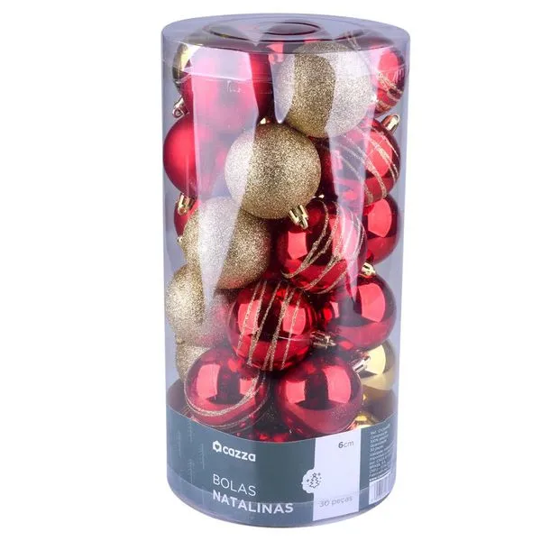 Bola de Natal 30 Peças Vermelha com Dourada Tubo Cazza