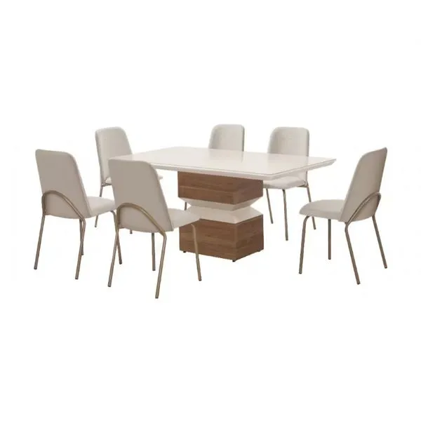 Mesa de Jantar Aço Nobre Aurora com 6 Cadeiras Estofadas e Revestidas em Tecido Sintético Champagne e Off White