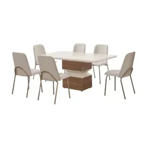 Mesa de Jantar Aço Nobre Aurora com 6 Cadeiras Estofadas e Revestidas em Tecido Sintético Champagne e Off White